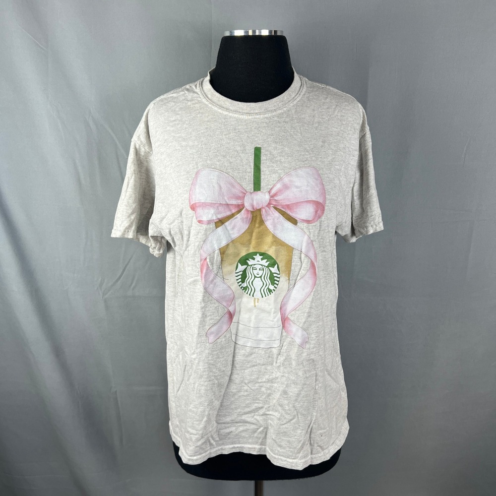Gildan T Shirt Womens Medium Heather Gray Starbucks Coffee Cup Pink Bow Graphic